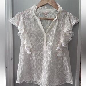 Rebecca Taylor Lace Flutter Sleeve Sheer Ivory Silk Blouse XS 2